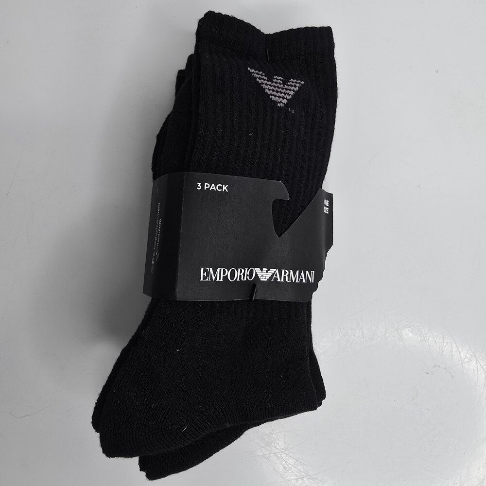 Emporio Armani Mens Black Crew Socks Everyday Sports Cotton Trainer‎ 3 Pair Pack